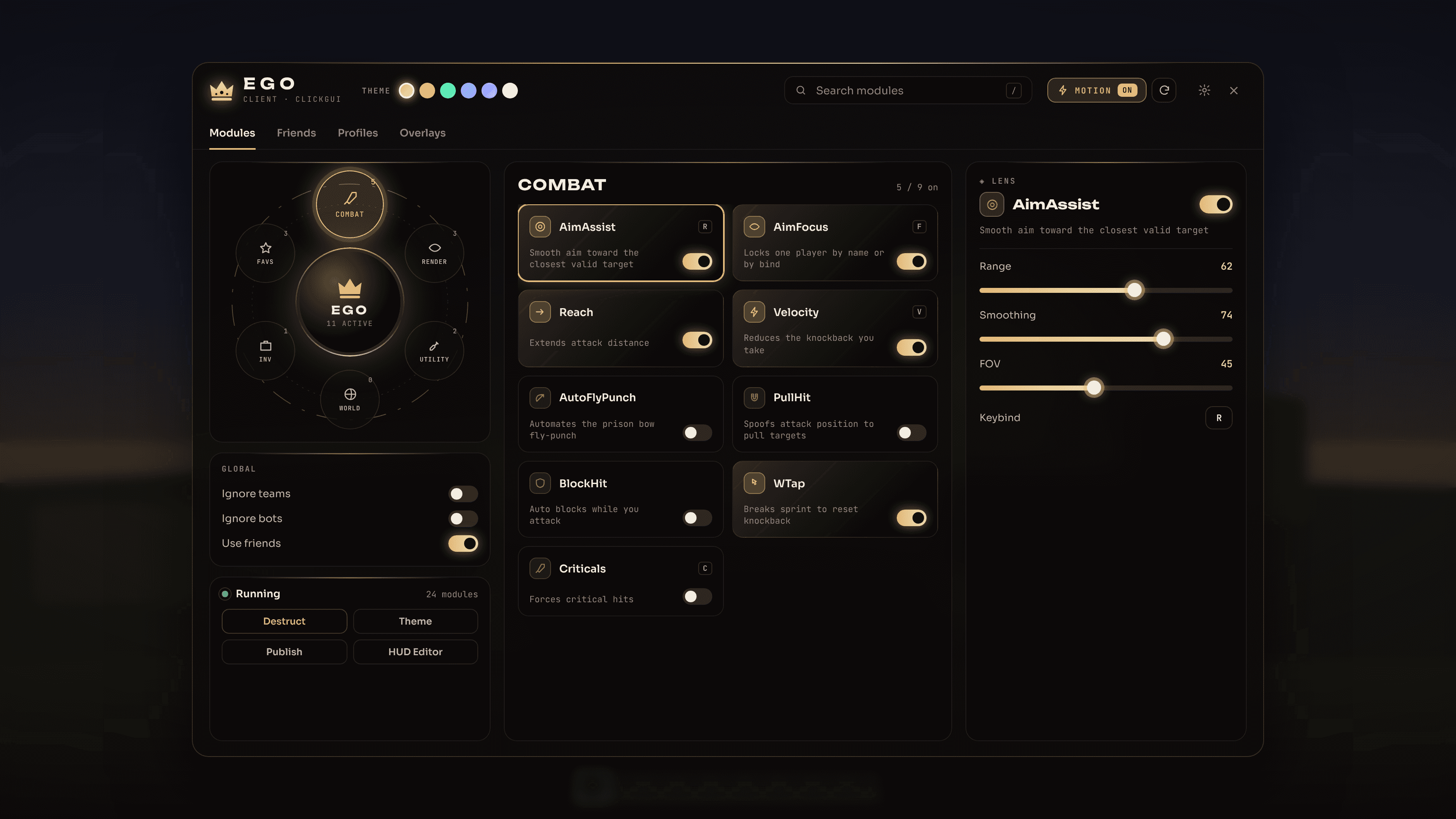 Dashboard del cliente Ego en tema Gold, con categorías, módulos y ajustes
