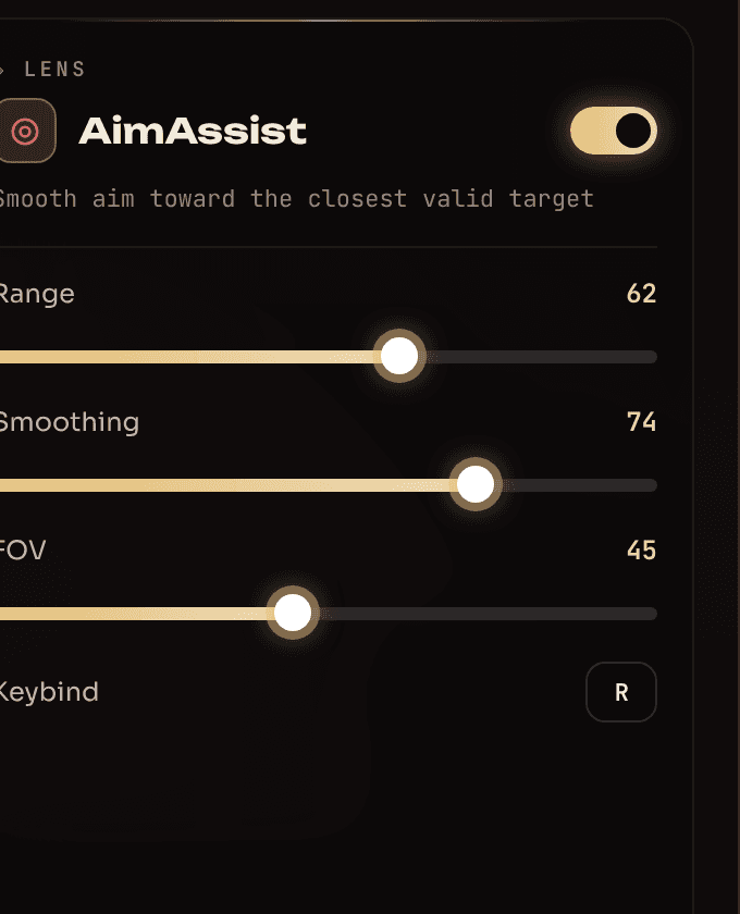 Panel de ajustes de AimAssist con controles de Range, Smoothing, FOV y Keybind